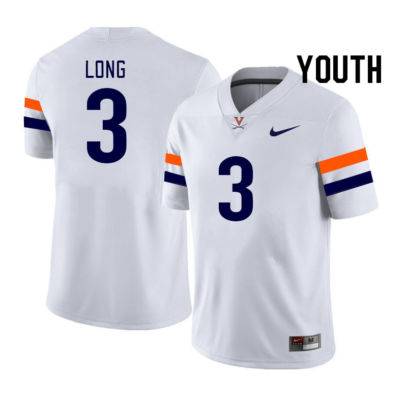 Youth #3 Langston Long Virginia Cavaliers College Football Jerseys Stitched Sale-White - Click Image to Close